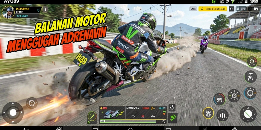 Gameplay AYU89 dengan balapan motor yang mendebarkan.