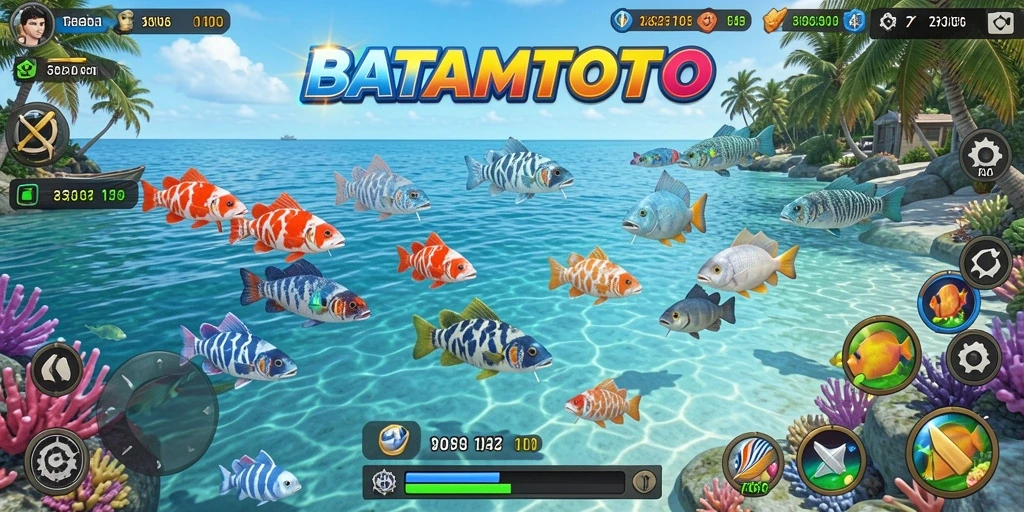 Screenshot gameplay yang menampilkan aksi menembak ikan.