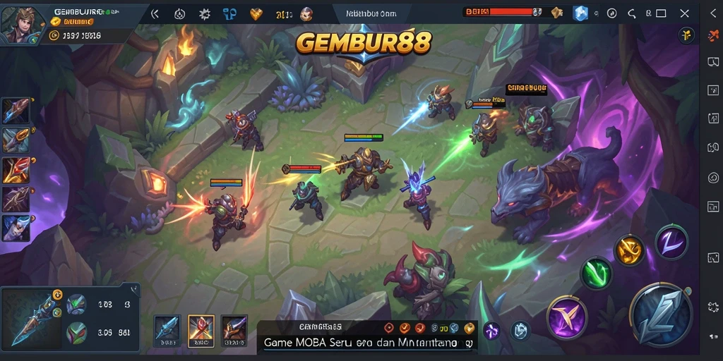 Screenshot gameplay GEMBUR88 dengan pertempuran seru di arena MOBA.