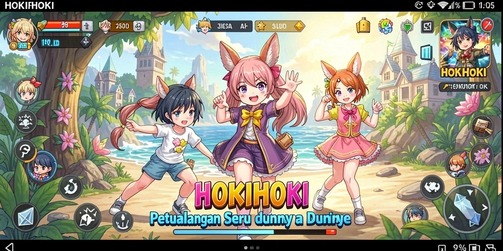 Tampilan menarik dari gameplay HOKIHOKI dengan karakter anime yang penuh warna.
